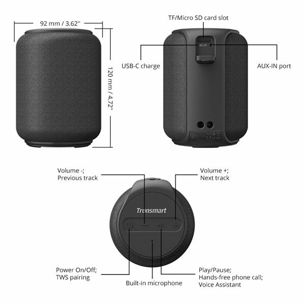 רמקול נייד Tronsmart T6 Mini שחור קומפקטי וחזק עם חיי סוללה ארוכים