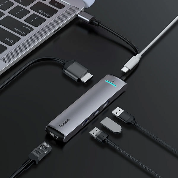 מפצל 6 ב-1 למחשב מ-USB-C ל-USB-C, USB, HDMI וכבל רשת Baseus