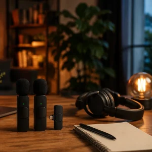 מיקרופון דש אלחוטי כפול עם Usb C וקליפס דגם K9 M2 | איכות שמע מקצועית להקלטות, ראיונות ויצירת תוכן