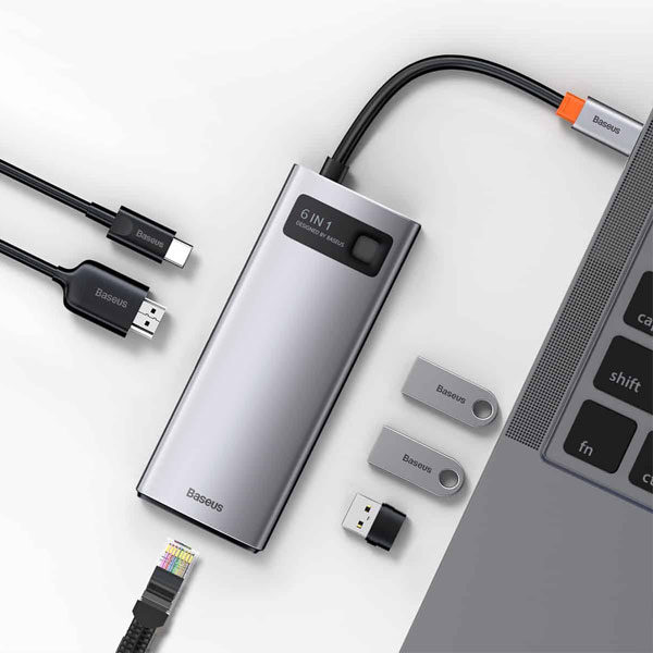 מפצל 6 ב-1 חכם למחשב מ-USB-C ל-USB-C, USB, HDMI 4K כסף Baseus