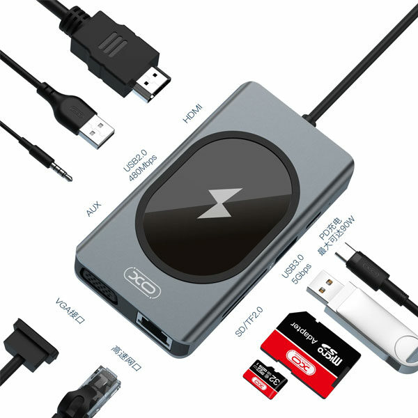 מפצל 9 ב-1 מ-USB-C עם טעינה אלחוטית XO-HUB007 אפור