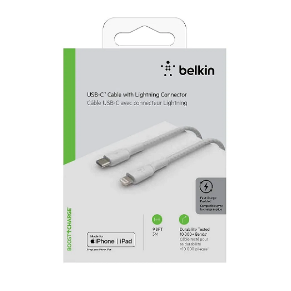 כבל טעינה לאייפון ואייפד קלוע ועמיד במיוחד Usb C לlightning באורך 1 מטר Belkin Braided Tc Lightning 1m Mfi Cable