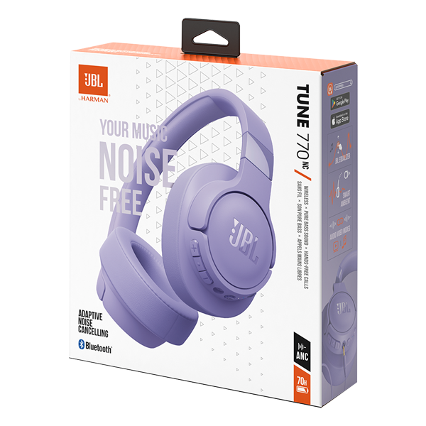 אוזניות אלחוטיות JBL Tune 770NC בצבע סגול | סינון רעשים, סאונד JBL Pure Bass וסוללה ל-70 שעות