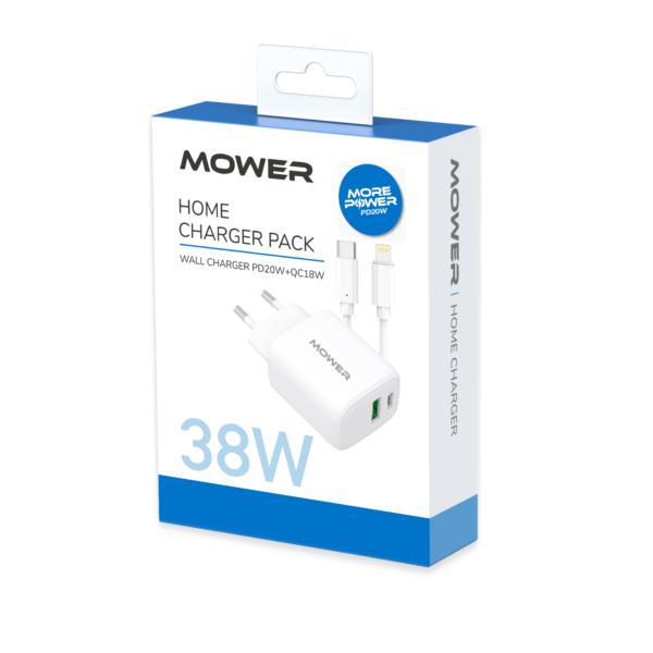 מטען בית Mower דגם Usb A&usb C שתי יציאות 38w כבל Lightnin