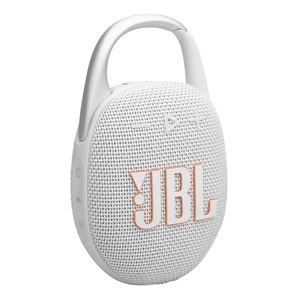 רמקול JBL Clip 5 לבן נייד עם סאונד עוצמתי ועמידות למים