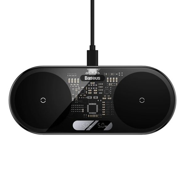 מטען אלחוטי כפול עם תצוגת LED דיגיטלית וכבל עם מראה חדשני ואלגנטי מבית Baseus