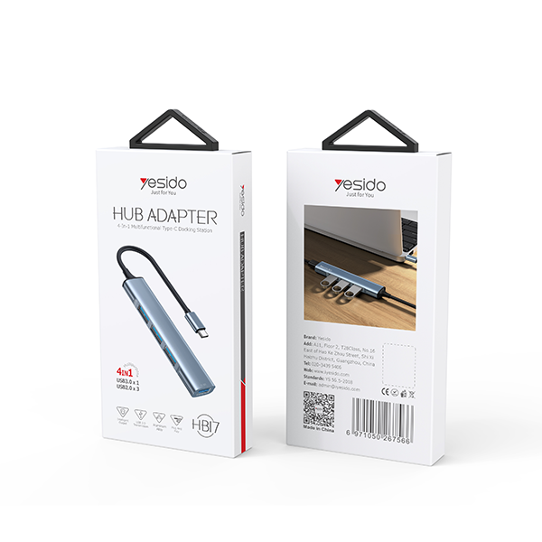 מתאם 4 ב-1 USB-C עם 4 חיבורי USB-A מהיר ונוח לנשיאה בצבע אפור חלל מבית Yesido