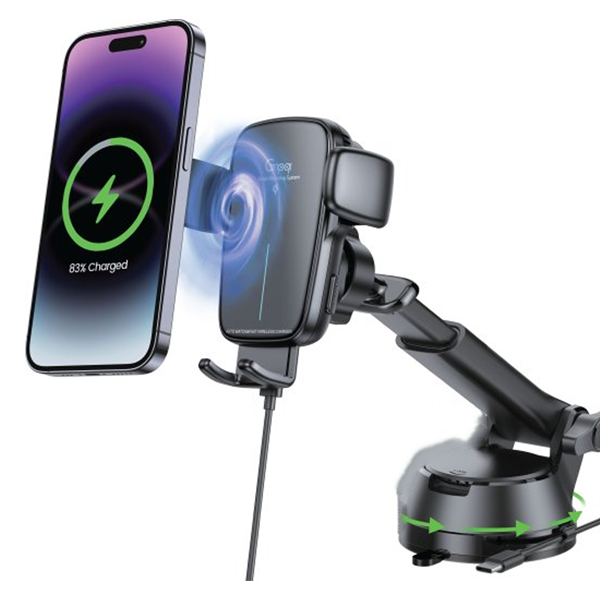 מעמד זרוע חכם לרכב עם טעינה אלחוטית מהירה מסתובב 360 מעלות Gripqi