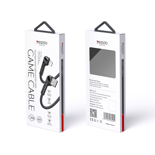 כבל טעינה 1.2 מטר Lightning בעיצוב 90 מעלות עם טעינה מהירה 12W מבית Yesido CA80