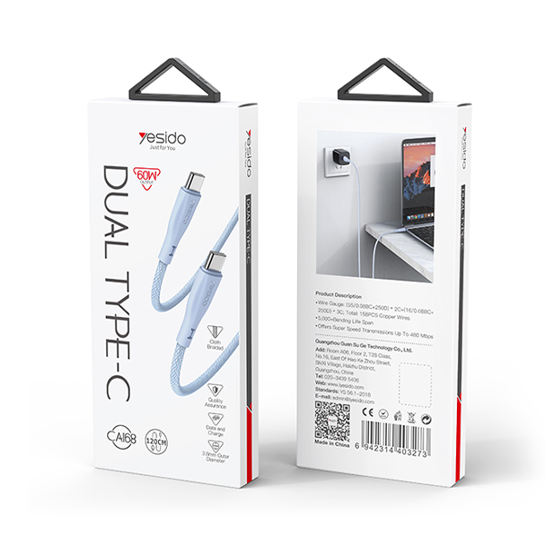 כבל USB-C 60W סגול באורך 1.2 מטר מהיר וחזק במיוחד | Yesido CA168