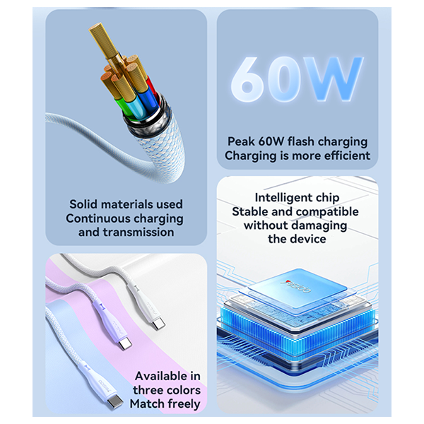 כבל USB-C 60W סגול באורך 1.2 מטר מהיר וחזק במיוחד | Yesido CA168