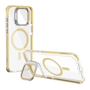 כיסוי שקוף זהב לאייפון 15 פרו מקס עם סטנד תומך MagSafe איכותי | Grip Case Crystal Pro