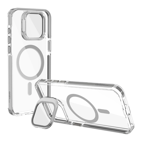 כיסוי שקוף אפור לאייפון 15 פלוס עם סטנד תומך MagSafe איכותי | Grip Case Crystal Pro