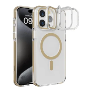 כיסוי שקוף זהב לאייפון 15 פרו עם סטנד תומך MagSafe איכותי | Grip Case Crystal Pro