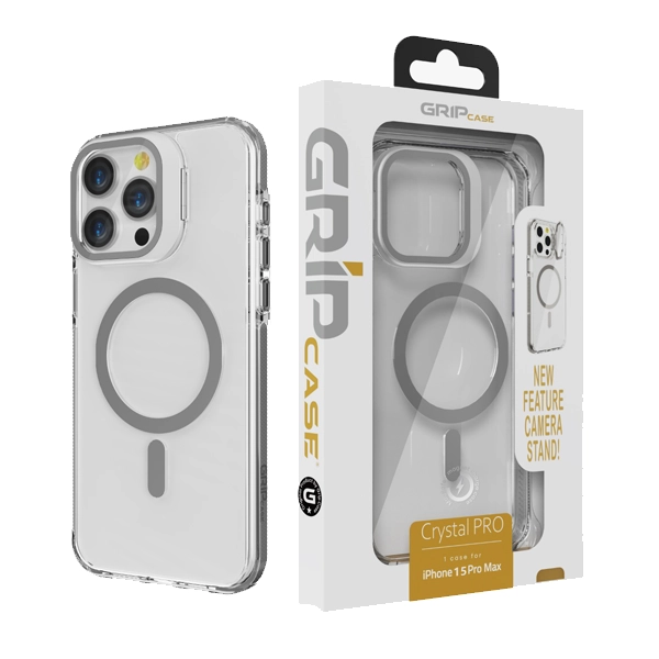כיסוי שקוף אפור לאייפון 14 פרו עם סטנד תומך MagSafe איכותי | Grip Case Crystal Pro