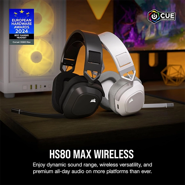 אוזניות גיימינג אלחוטיות Corsair Hs80 Max Wireless לבן עם שמע היקפי Dolby Atmos ומיקרופון איכותי