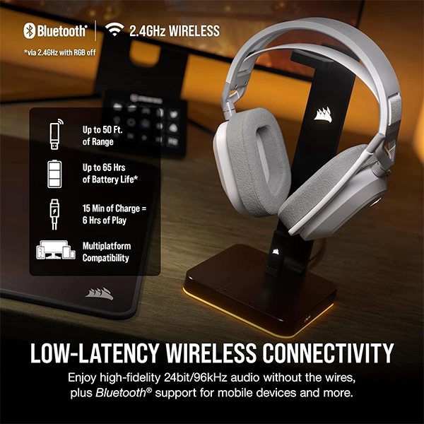 אוזניות גיימינג אלחוטיות Corsair Hs80 Max Wireless לבן עם שמע היקפי Dolby Atmos ומיקרופון איכותי