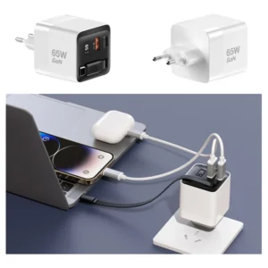 מטען קיר 65W GaN לבן עם כבל נמתח Type-C ויציאות USB-C ו-USB-A מהירות | Miracase MWC65RC