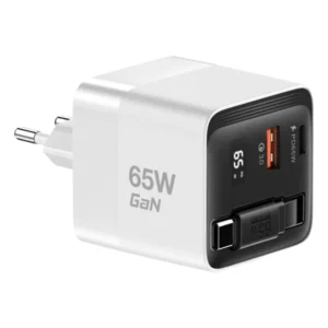 מטען קיר 65W GaN לבן עם כבל נמתח Type-C ויציאות USB-C ו-USB-A מהירות | Miracase MWC65RC