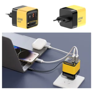 מטען קיר 65W GaN צהוב עם כבל נמתח Type-C ויציאות USB-C ו-USB-A מהירות | Miracase MWC65RC