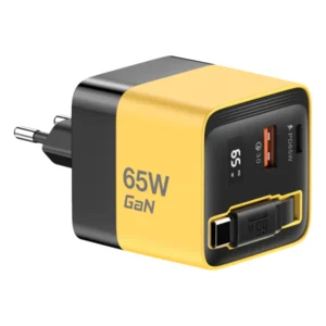 מטען קיר 65W GaN צהוב עם כבל נמתח Type-C ויציאות USB-C ו-USB-A מהירות | Miracase MWC65RC