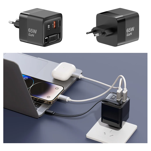 מטען קיר 65W GaN שחור עם כבל נמתח Type-C ויציאות USB-C ו-USB-A מהירות | Miracase MWC65RC