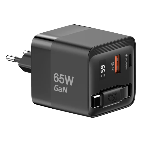 מטען קיר 65W GaN שחור עם כבל נמתח Type-C ויציאות USB-C ו-USB-A מהירות | Miracase MWC65RC