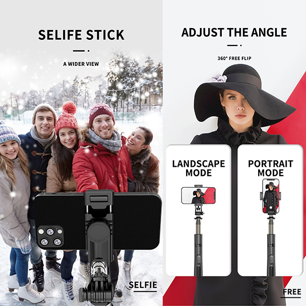 מקל סלפי מקצועי עם חצובה מתקפלת, יציב, נייד, מסתובב 360° | Q06