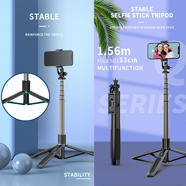 מקל סלפי מקצועי עם חצובה מתקפלת, יציב, נייד, מסתובב 360° | Q06
