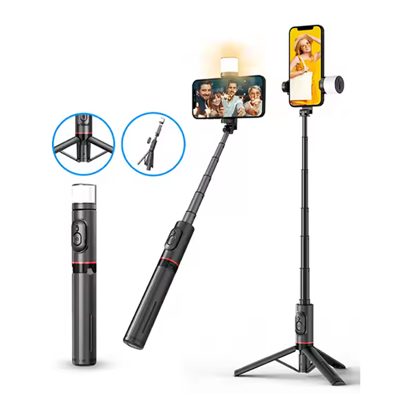 מקל סלפי עם תאורת לד מסתובבת 360° וטריפוד מובנה | Q12s