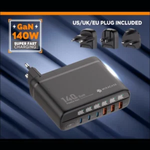 מטען GaN 140W מהיר עם 6 יציאות USB-C ו-USB-A ומתאמי חשמל | Miracase MWC140W
