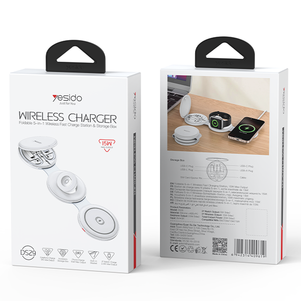 מטען אלחוטי מתקפל 5 ב 1 לאייפון, Apple Watch ו Airpods לבן | Yesido Ds29 10