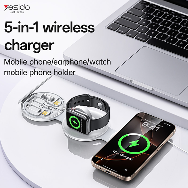 מטען אלחוטי מתקפל 5 ב-1 לאייפון, Apple Watch ו-AirPods לבן | Yesido DS29