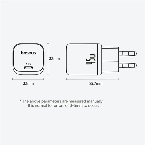 ראש מטען Type-C 45W לבן קומפקטי | Baseus PicoGo GaN