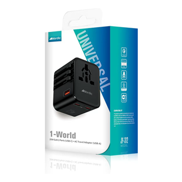 ראשן מטען 25W שחור עם 2 יציאות USB-C, יציאת USB-A ומתאמים אוניברסליים | Nordic JY-312