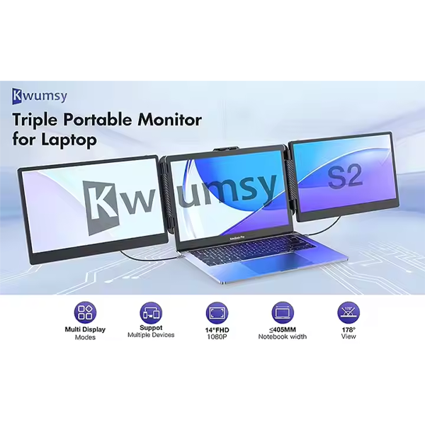 מסך נייד כפול FHD ללפטופ עם חיבורי USB-C ו-HDMI ורמקולים מובנים | S2 Triple Screen Extender