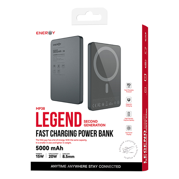 סוללת גיבוי אלחוטית 5000mAh בצבע אפור תומכת MagSafe וטעינה מהירה | Energy MP38 Legend