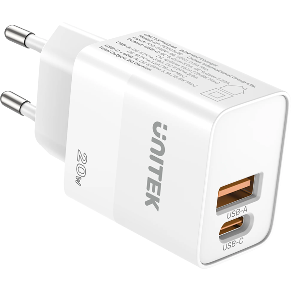 מטען קיר 20W עם כבל Type-A ל-Type-C עם טעינה מהירה לבן | UNITEK