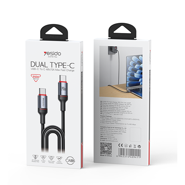 כבל טעינה מהירה Type-C בהספק 240W באורך 2 מטר עוצמתי ועמיד במיוחד | Yesido CA186