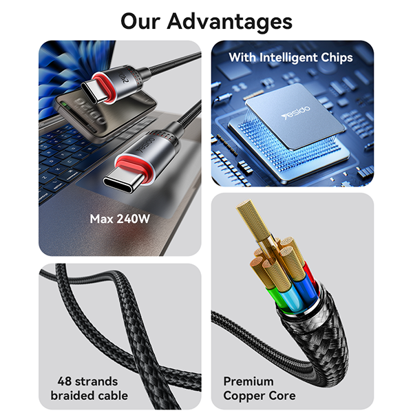 כבל טעינה מהירה Type-C בהספק 240W באורך 2 מטר עוצמתי ועמיד במיוחד | Yesido CA186