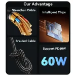 כבל נתונים וטעינה מהירה 60W חיבור Type-C באורך 3 מטר | Yesido CA194