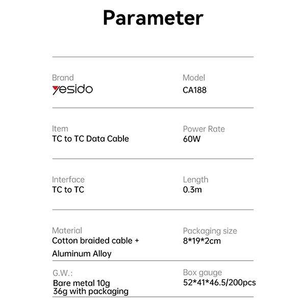 כבל נתונים וטעינה מהירה Type-C בהספק 60W באורך 30 ס"מ עמיד במיוחד | Yesido CA188