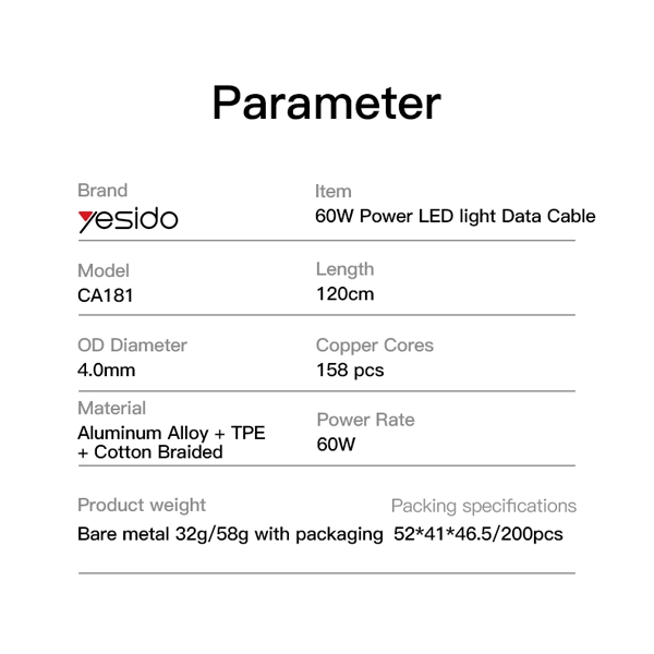 כבל נתונים וטעינה מהירה בהספק 60w מהיר עם נורת לד באורך 1.2 מטר | Yesido Ca181 14