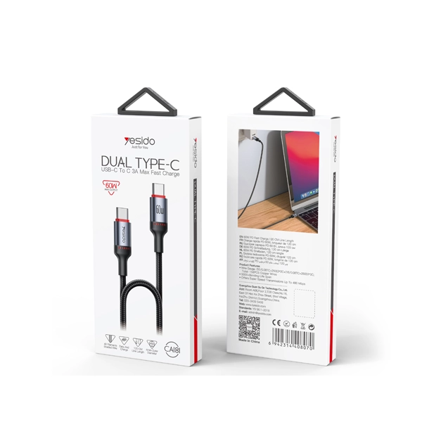 כבל נתונים וטעינה מהירה בהספק 60w מהיר עם נורת לד באורך 1.2 מטר | Yesido Ca181 2