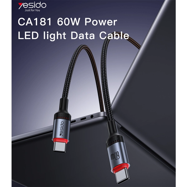 כבל נתונים וטעינה מהירה בהספק 60w מהיר עם נורת לד באורך 1.2 מטר | Yesido Ca181 3