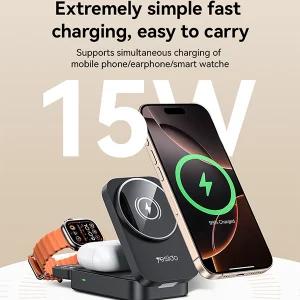 מטען אלחוטי 15W שחור לטעינת אייפון, AirPods ושעון מתקפל לשימוש ביתי | Yesido DS27