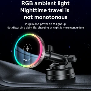 מטען אלחוטי לרכב 15W עם תאורת RGB, קירור מובנה וחיבור מגנטי | Yesido C315