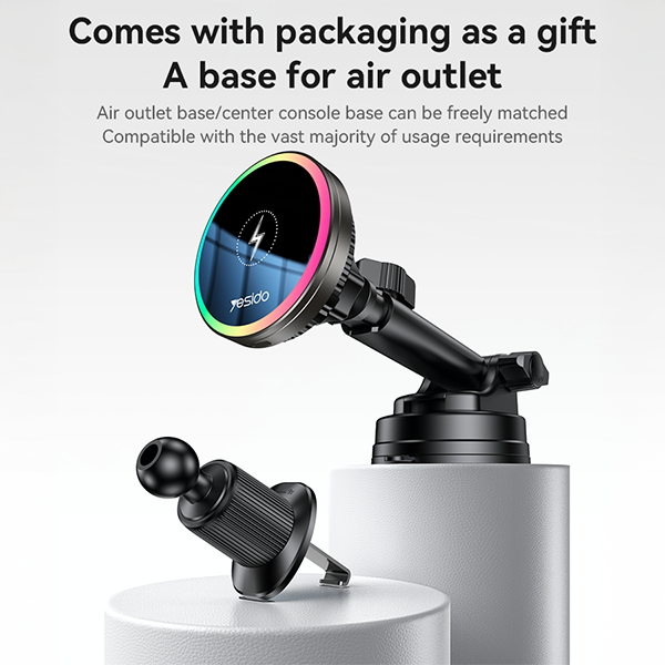 מטען אלחוטי לרכב 15W עם תאורת RGB, קירור מובנה וחיבור מגנטי | Yesido C315