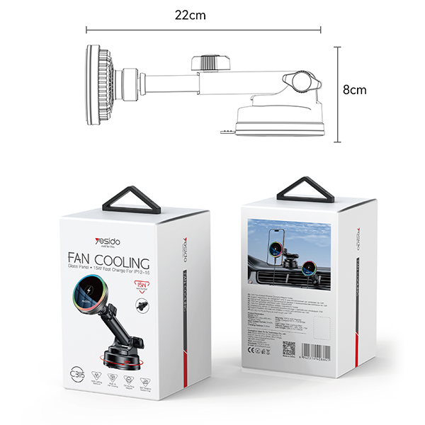 מטען אלחוטי לרכב 15W עם תאורת RGB, קירור מובנה וחיבור מגנטי | Yesido C315
