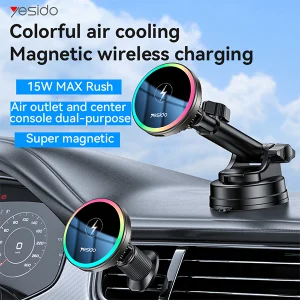 מטען אלחוטי לרכב 15W עם תאורת RGB, קירור מובנה וחיבור מגנטי | Yesido C315